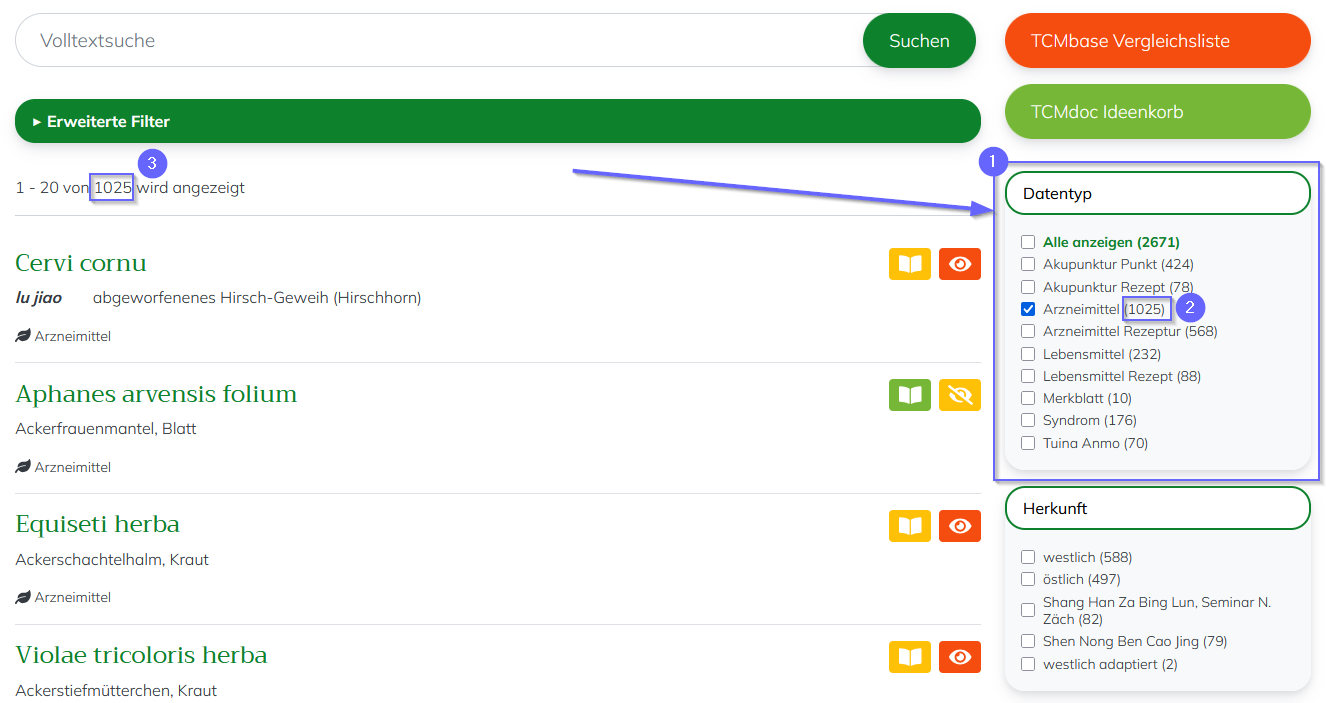 TCMbase Suche mit Facetten Einschränkung auf einen Datentyp