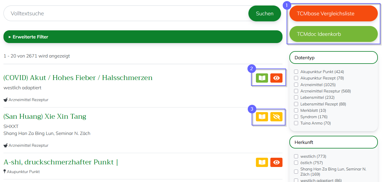 TCMbase Listen Buttons und Schnellmarkierung