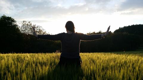 Frau steht mit ausgebreiteten Armen vor einem Feld in der Sonne